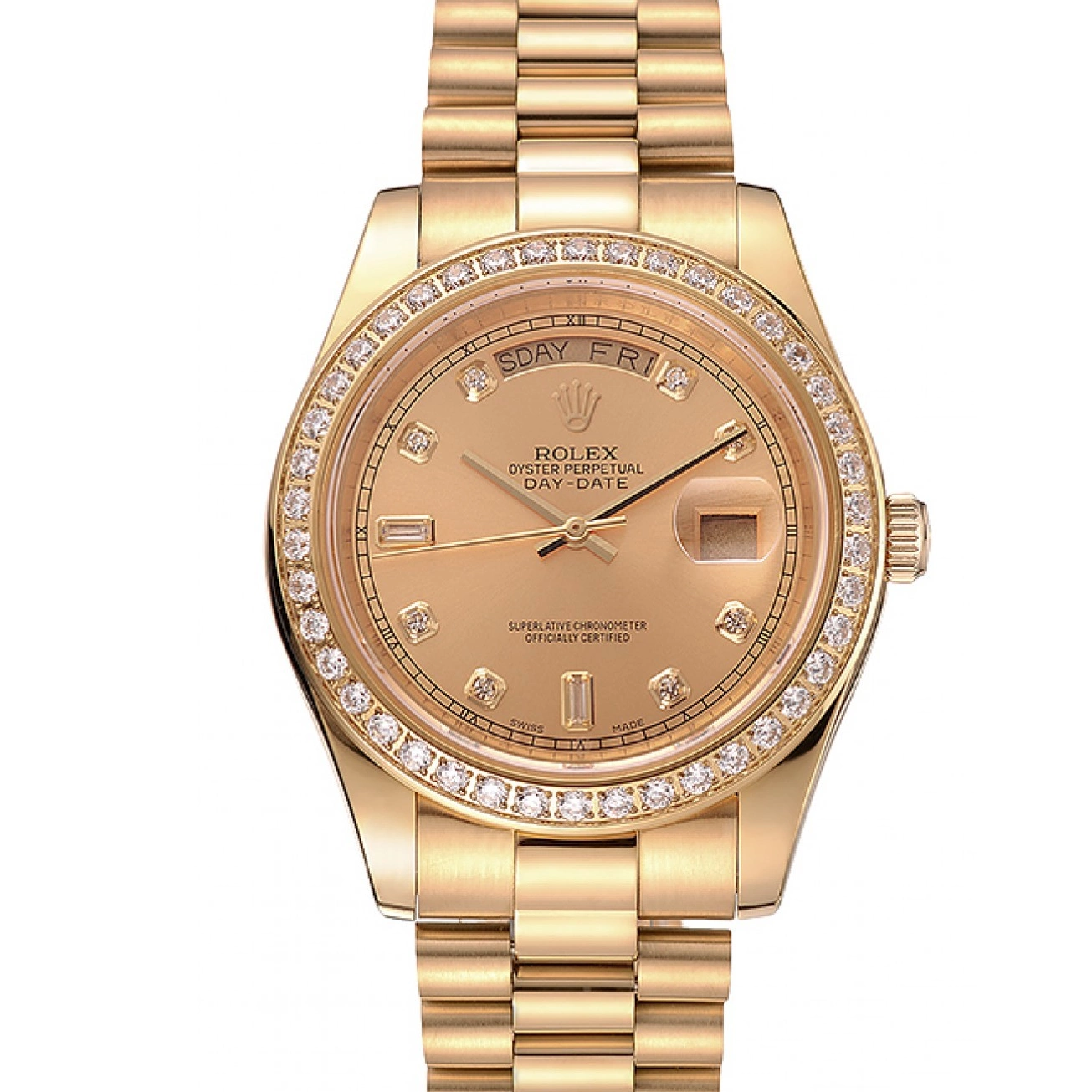 Aaa replica watch 1454099 Bezel Diamond Dial Champagne Gold Rolex Swiss Day-Date Bracelet 0721